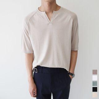Slit-neckline Linen Blend Henley