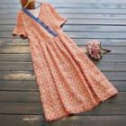 Short-sleeve Leaf Print Midi A-line Dress Tangerine - One Size