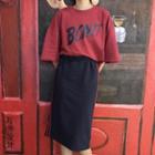 Lettering Elbow-sleeve T-shirt + Striped Trim Straight-fit Skirt