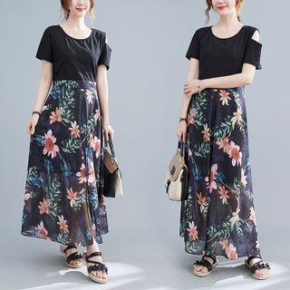 Mock Two-piece Asymmetrical Cold-shoulder Floral Print Midi Dress