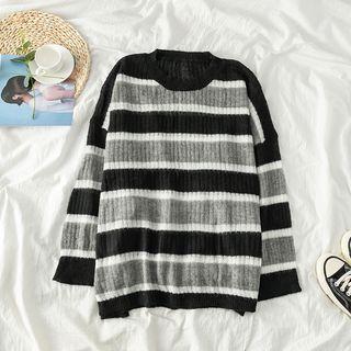 Long-sleeve Loose-fit Striped Knit Top Stripe - One Size