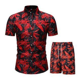 Set: Short-sleeve Printed Shirt + Drawstring Shorts