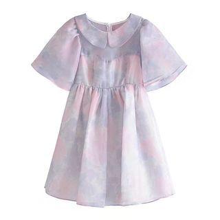 Bell-sleeve Collar Tie-dyed Mini A-line Dress