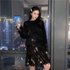 Sequined Spaghetti-strap Dress / Long-sleeve Sweater