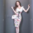 Short-sleeve Floral Print Ruffled Slit Sheath Dress