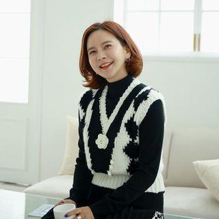 Flower Pompom Two-tone Sweater Vest Ivory - One Size