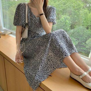 Bubble Sleeve V-neck Floral Print Beaded Bow-back Chiffon Midi Dress