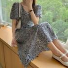 Bubble Sleeve V-neck Floral Print Beaded Bow-back Chiffon Midi Dress