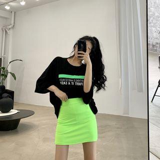 Lettering Elbow-sleeve T-shirt / Mini Fitted Skirt T-shirt - Black - One Size / Skirt - One Size