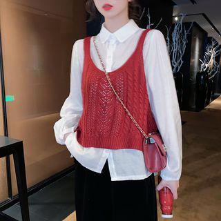 Set: Long-sleeve Plain Shirt + Knit Camisole