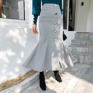 Buttoned Houndstooth Maxi Mermaid Skirt
