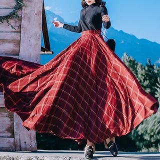 Set: Mock-neck Knit Top + Plaid A-line Maxi Skirt