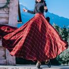 Set: Mock-neck Knit Top + Plaid A-line Maxi Skirt