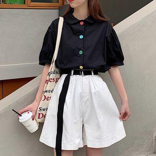 Short-sleeve Flower Print Buttoned Shirt / High-waist Wide-leg Shorts