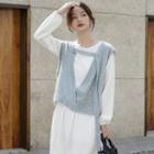 Puff-sleeve Midi A-line Dress / Cutout Knit Vest / Set