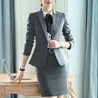 Single-buttoned Blazer / Slim-fit Dress Pants / Mini Pencil Skirt / Set