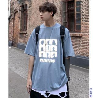 Reflective Print Elbow-sleeve T-shirt