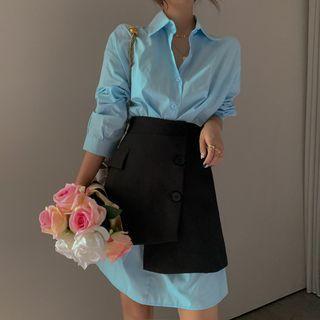 Plain Long-sleeve Shirt Dress / A-line Skirt
