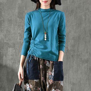Long-sleeve Mock Neck Drawstring Knit Top