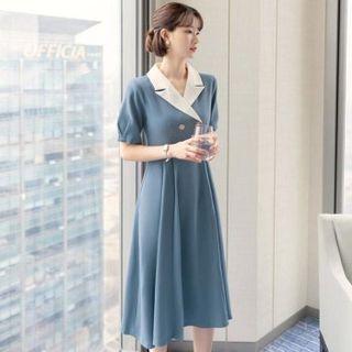 Contrast-collar Double-button Midi Dress