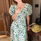 Puff Sleeve Square-neck Floral Midi A-line Dress