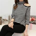 Striped 3/4-sleeve Cut Out Knit Top