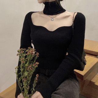 Halter Long-sleeve Plain Cropped Knit Top Black - One Size