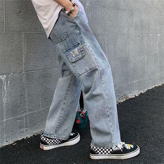 Butterfly Embroidered Washed Cargo Jeans