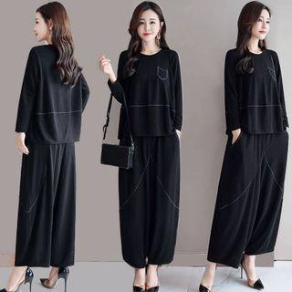 Set: Long-sleeve Contrast Trim Top + Wide-leg Pants