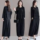 Set: Long-sleeve Contrast Trim Top + Wide-leg Pants
