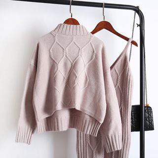Set: Spaghetti-strap Knit Dress + Mock Neck Sweater