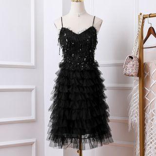 Spaghetti Strap Sequined Fringed Prom Dress