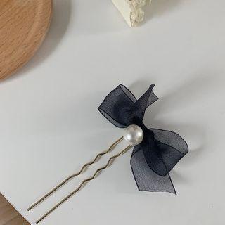 Mesh Bow Faux Pearl Hair Stick