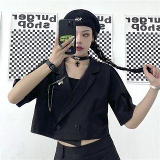 Set: Short-sleeve Double-breasted Crop Blazer + Chain Set Of 2 - Blazer & Chain - Silver & Black - One Size