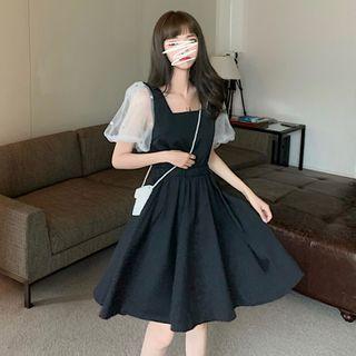 Mesh Panel Puff-sleeve A-line Dress Black - One Size