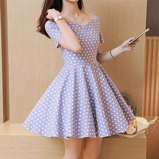 Dotted Cut Out Shoulder Short Sleeve A-line Dress