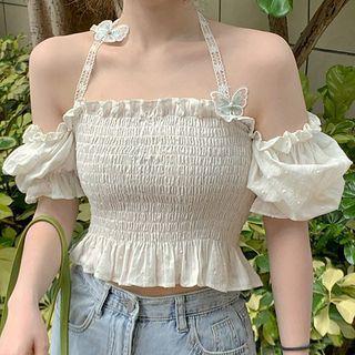 Short-sleeve Cold-shoulder Cropped Blouse White - One Size