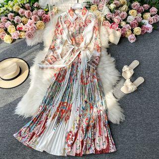 Long Sleeve Paisley Print Pleated Maxi Dress