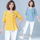 Embroidered Round-neck Semi Sleeve T Shirt