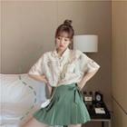 Elbow-sleeve Printed Shirt / A-line Mini Pleated Skirt