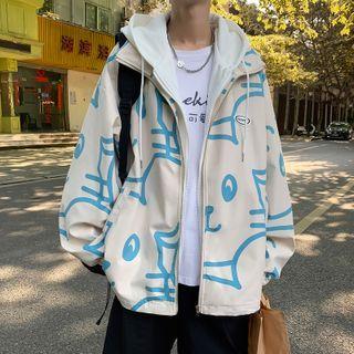 Cartoon Print Hooded Zip Mock Two-piece Jacket