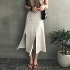 Slit-hem Linen Blend Long A-line Skirt