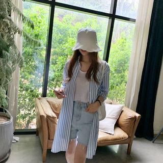 Roll-up Sleeve Striped Shirtdress Sky Blue - One Size