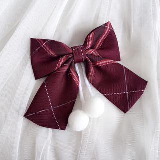 Pompom Detail Gingham Bow Hair Clip
