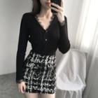 V-neck Lace Trim Long-sleeve Knit Top / Tweed A-line Skirt