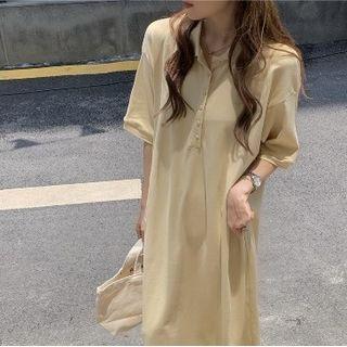 Elbow-sleeve Plain Polo Dress Yellow - One Size