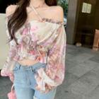 Long-sleeve Off-shoulder Floral Print Halter Cropped Top As Figure - One Size