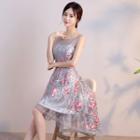 Flower Embroidered Sleeveless Dip Back Evening Dress