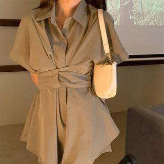 Set: Tie-waist Mini A-line Shirt Dress + Shorts
