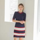 Short-sleeve Striped Knit Mini Dress Navy Blue - One Size